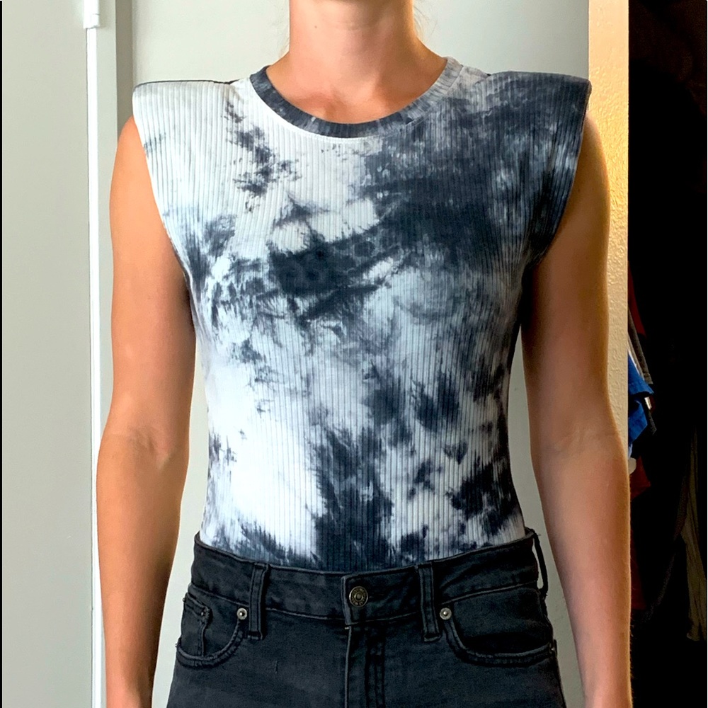 Black and white tie dye shoulder pad body suit